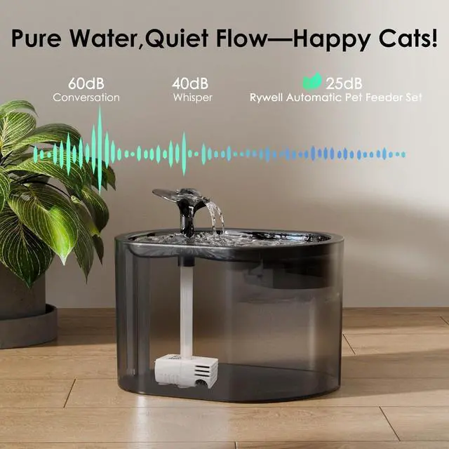 Alt view image 6 of 7 - Automatic Cat Feeder and Water Fountain, Rywell App Control 3L Timed Cat Food Dispenser and 85oz/2.5L Automatic Water Dispenser with Quiet Pump, Dual Power Supply Pet Feeder Set with Voice Recorder