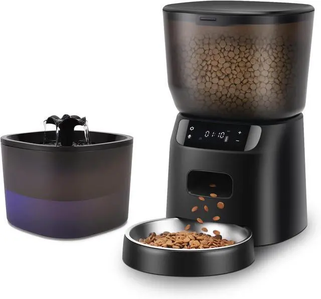 Main image of Automatic Cat Feeder and Water Fountain, 4L/16 Cups Automatic Cat Food Dispenser,10s Meal Call and Timer Setting 20 Portions 6 Meals Per Day,Pet Feeder for Cat and Dog Black