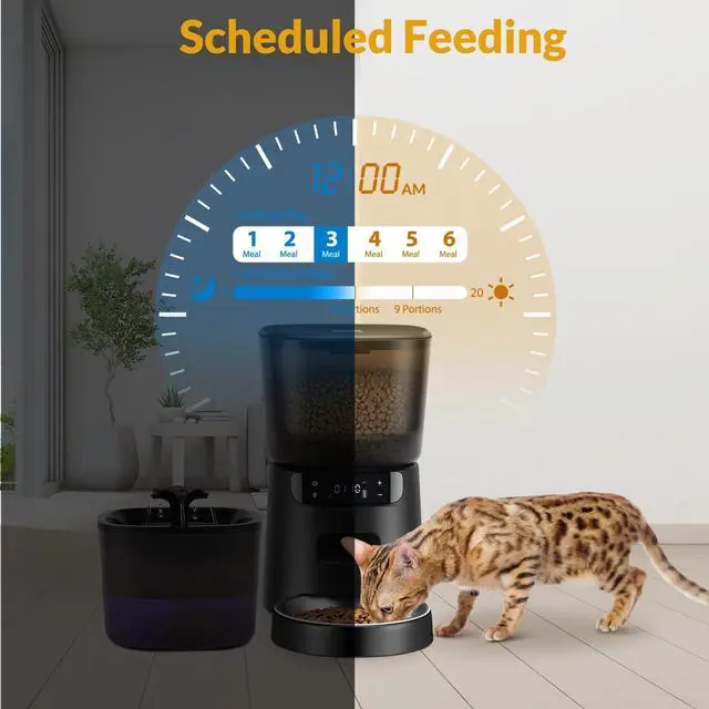 Alt view image 3 of 7 - Automatic Cat Feeder and Water Fountain, 4L/16 Cups Automatic Cat Food Dispenser,10s Meal Call and Timer Setting 20 Portions 6 Meals Per Day,Pet Feeder for Cat and Dog Black