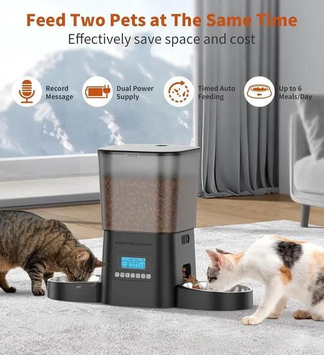 Alt view image 2 of 7 - Automatic Cat Feeders for 2 Cats, 3.5L Cat Food Dispenser with Double Bowls,Two Way Splitter Cat Feeder for Dry Food,Programmable 1-6 Meals Control, Dual Power Supply