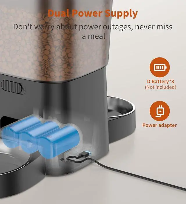 Alt view image 7 of 7 - Automatic Cat Feeders for 2 Cats, 3.5L Cat Food Dispenser with Double Bowls,Two Way Splitter Cat Feeder for Dry Food,Programmable 1-6 Meals Control, Dual Power Supply