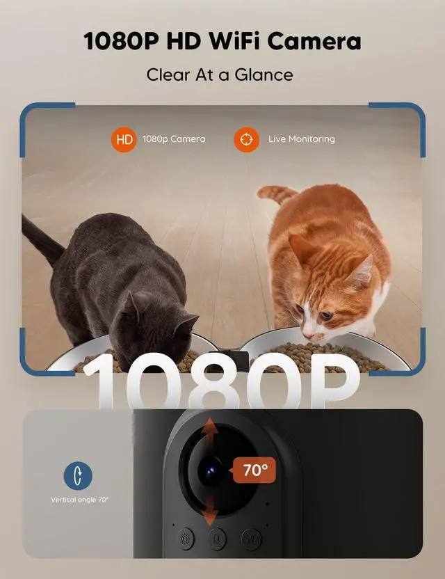 Alt view image 2 of 6 - Automatic Cat Feeder with Camera for Two Cats, 1080p HD Automatic Dog Feeder, 5G WiFi Pet Feeder with Night Vision for Cat & Dog, SD Card Storage & 2-Way Audio