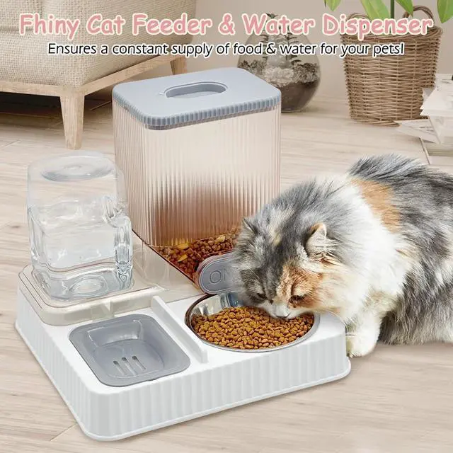 Alt view image 2 of 6 - Gravity Cat Feeder & Water Dispenser, 2 in 1 Automatic Puppy Waterer Removable Stainless Steel Food Bowls Set Self Feeding Pet Food Storage for Cat Kitten Puppy Easy Clean (Grey)