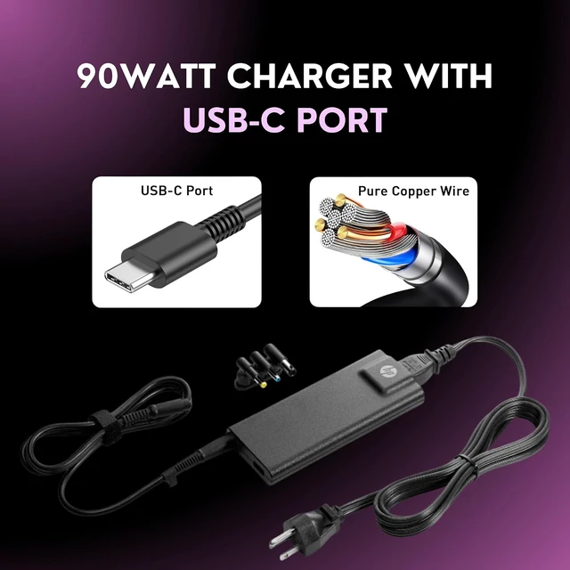 Alt view image 5 of 7 - 90W Charger Compatible with HP Laptop Charger, Blue, Yellow, and Black Tips, Pavilion x360 11 13 15, Envy, Zbook 14u G4 G5 15u 15 G3, Notebook 15, Stream 13 11 14 AC Adapter with Power Cord