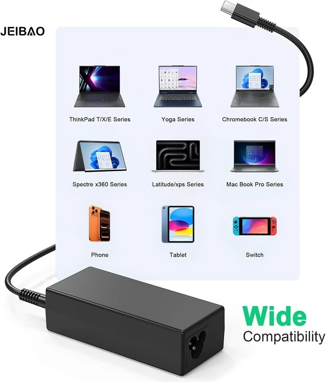 Alt view image 2 of 7 - Universal 65W USB C Type C AC Adapter Laptop Charger Compatible with Lenovo ThinkPad X1 T14 T15 E14 E15 T480s T580s T490 E580 E590 Yoga 7i 9i C930 C940 S730 920 720 Chromebook C330 S330