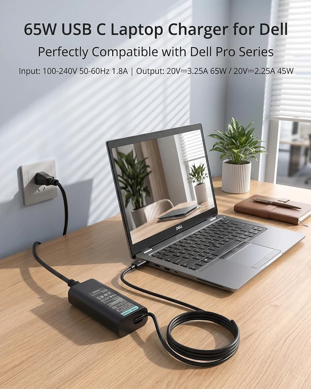 Alt view image 2 of 7 - 65W USB C Laptop Charger Compatible with Dell Pro 13 14 16 Plus