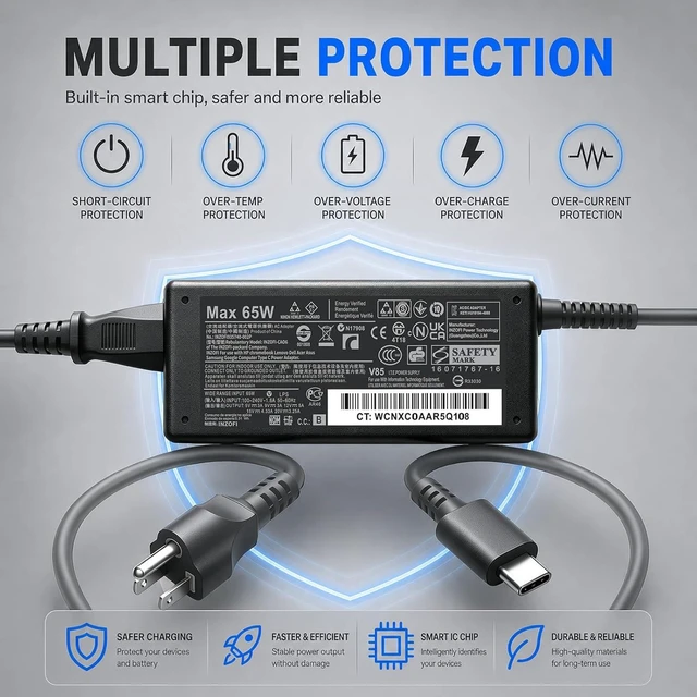 Alt view image 3 of 7 - Universal PD 65W USB C Laptop Charger for HP - Pavilion Envy Spectre, Type C Power Adapter for Dell Lenovo Acer ASUS Suited to I nspiron ThinkPad VivoBook Aspire Latitude IdeaPad Chromebook Phone