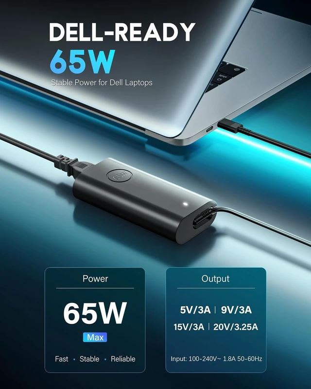 Alt view image 2 of 7 - Replacement for Dell Laptop Charger 65W Watt USB Type C AC Power Adapter