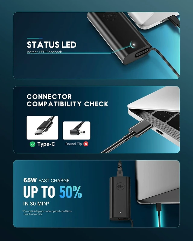 Alt view image 5 of 7 - Replacement for Dell Laptop Charger 65W Watt USB Type C AC Power Adapter