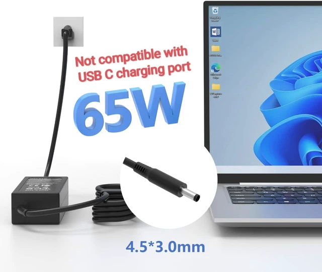 Alt view image 7 of 7 - 65W 4.5mm AC Adapter Compatible with Dell 15 DC15250 DC15255 Pro 16 14