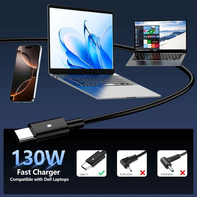 Alt view image 5 of 7 - 130W USB C Laptop Charger Compatible with Dell XPS/Precision/Latitude
