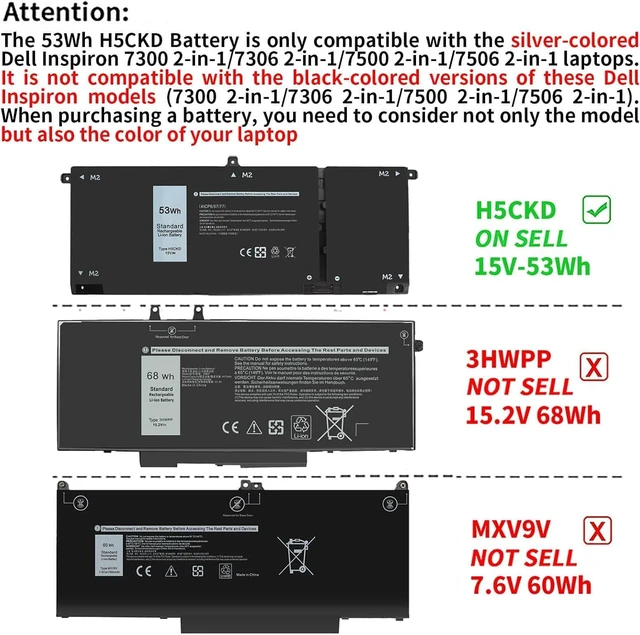 Alt view image 4 of 7 - 53Wh H5CKD 15V Battery Replacement for Dell Inspiron 5400 5406 7405 7306