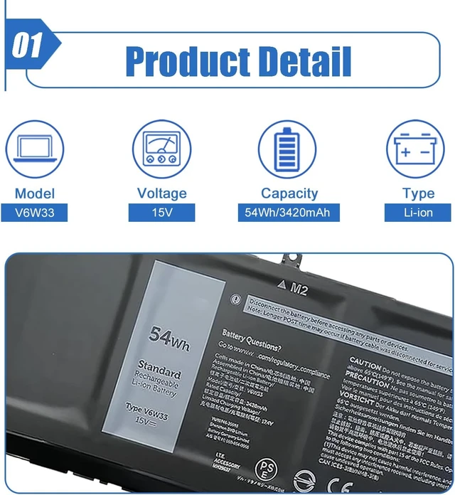 Alt view image 2 of 6 - 54Wh V6W33 Battery Compatible with Dell 3520 3525 3530 3535 5515 5310 5320 5330 5420 5425 5625 5630 5635 5640 5645 7420 7430 7440 Latitude 3320 3330 3520 Vostro 3425 3525 Series 15V 3420mAh 4-Cell
