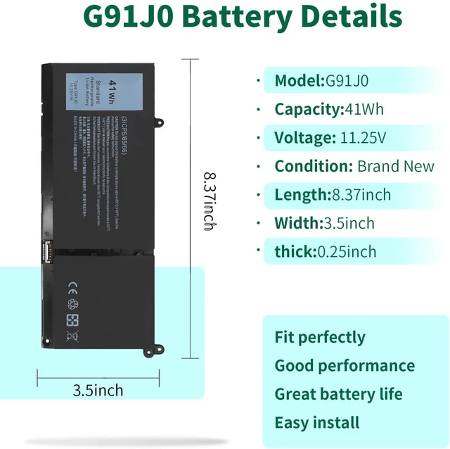 Alt view image 2 of 6 - 41Wh G91J0 Battery for Dell Latitude 3520 3320 3330 3420 Inspiron 3510 3511