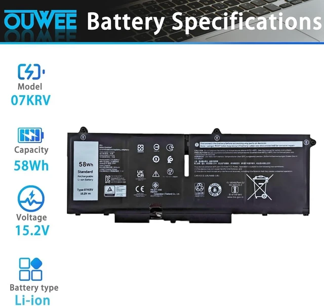Alt view image 2 of 5 - 58Wh 07KRV Laptop Battery Replacement for Dell Latitude 5430 5530 Precision 3570 P104F005 P104F006 P137G004 P137G005 P137G006 H4PVC 0H4PVC Y86WG 0Y86WG 08WRCR 078FWY 4FVJG O7KRV 15.2V 4-Cell