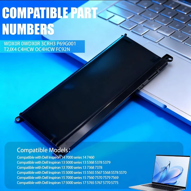 Alt view image 5 of 7 - WDX0R Laptop Battery Replacement for Dell Inspiron 13 15 Series 5000 7000 5567 7573 5570 7579 7378 5565 5379 5378 Latitude 3490 3590 3340 3400 3390 3500 3190 Vostro 5468 5568 P69G 3CRH3