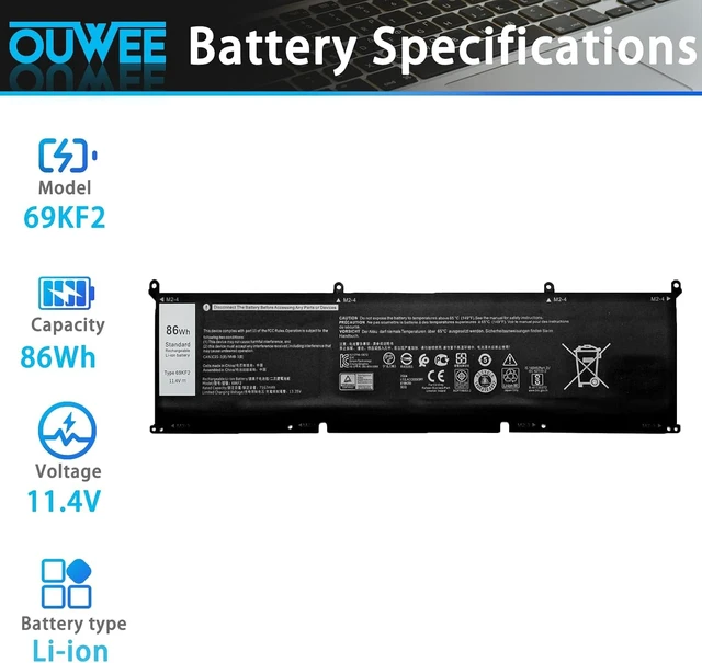 Alt view image 2 of 5 - 86Wh 69KF2 Battery Replacement for Dell G7 15 7500 G15 5510 5511 5515 5520 5521 XPS 15 9500 9510 9520 Precision 5550 5560 5570 Alienware M15 R3 R4 M17 R3 R4 Inspiron 7510 7610 7620 P87F P91F