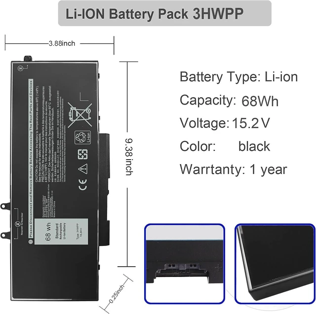 Alt view image 3 of 6 - 68Wh 3HWPP Laptop Battery for Dell Latitude Precision Inspiron