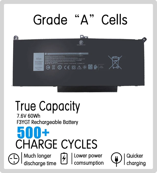 Alt view image 2 of 6 - 7480 7490 F3YGT Laptop Battery Replacement for Dell Latitude 7280 7390 7380 7290 7480 7490 P29S002 P73G002 Series DM3WC DM6WC KG7VF P73G 451-BBYE 453-BBCF 2X39G 60WH 7.6V.