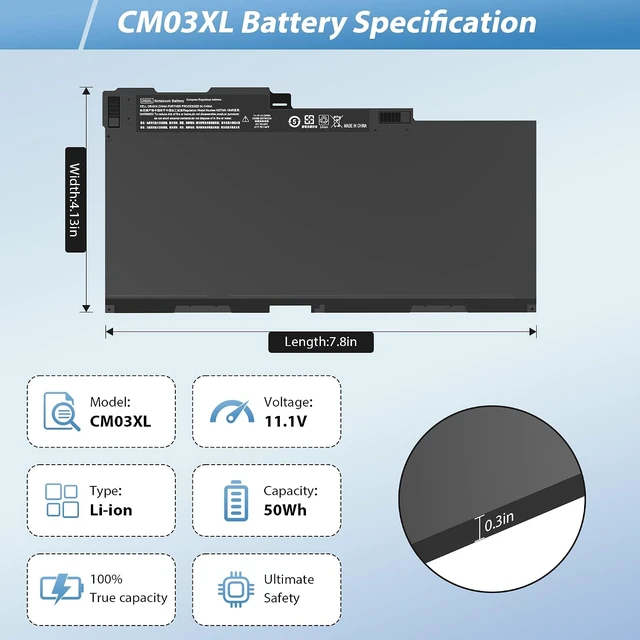 Alt view image 2 of 7 - CM03 CM03XL Battery Replacement for HP EliteBook 840 845 850 855 740 745 750 755 G1 G2 Series Notebook ZBook 14 15u G2 CO06 CO06XL Battery Spare 716724-421 717376-001 CM03050XL11.1V 50Wh