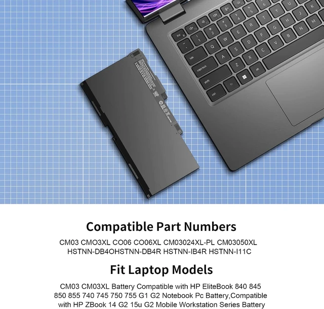 Alt view image 6 of 7 - CM03 CM03XL Battery Replacement for HP EliteBook 840 845 850 855 740 745 750 755 G1 G2 Series Notebook ZBook 14 15u G2 CO06 CO06XL Battery Spare 716724-421 717376-001 CM03050XL11.1V 50Wh