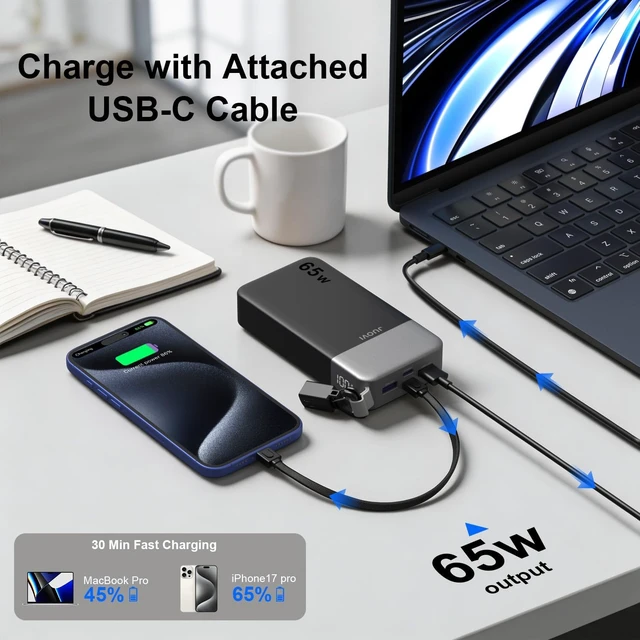 Alt view image 4 of 7 - JUOVI Power Bank 65W 20000mAh Laptop Portable Charger with Detachable Cable