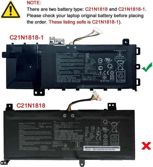 Alt view image 2 of 6 - C21N1818-1 7.7V 37Wh/4850mAh Laptop Battery Compatible with ASUS VivoBook 15 F512 X512 X512DA X512DK X512FA X512FB X512FL X512FJ Series Notebook 0B200-03190800 2ICP7/54/83