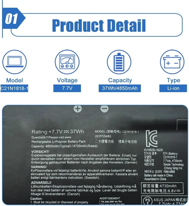 Alt view image 3 of 6 - C21N1818-1 7.7V 37Wh/4850mAh Laptop Battery Compatible with ASUS VivoBook 15 F512 X512 X512DA X512DK X512FA X512FB X512FL X512FJ Series Notebook 0B200-03190800 2ICP7/54/83