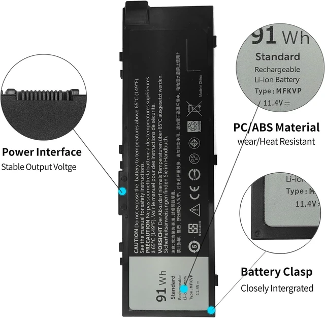 Alt view image 2 of 7 - 91Wh MFKVP 11.4V Laptop Battery for Dell Precision 15 7510 7520 17 7710 7720 M7510 M7710 GR5D3 M28DH RDYCT 451-BBSF 451-BBSB TWCPG 0FNY7 1G9VM T05W1