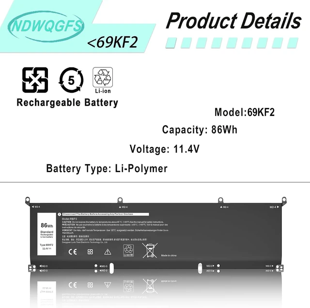Alt view image 2 of 7 - 69KF2 86Wh Battery Replacement for Dell XPS 15 9510 9500 9520 Precision 5550 5560 5570 G15 5511 5520 Alienware M15 M17 R3 R4 | 11.4V 6-Cell Replacement