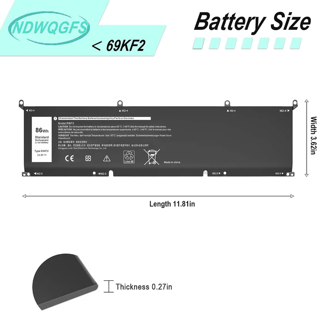 Alt view image 3 of 7 - 69KF2 86Wh Battery Replacement for Dell XPS 15 9510 9500 9520 Precision 5550 5560 5570 G15 5511 5520 Alienware M15 M17 R3 R4 | 11.4V 6-Cell Replacement