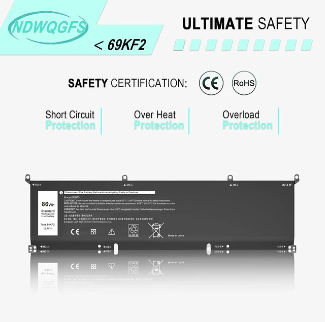 Alt view image 7 of 7 - 69KF2 86Wh Battery Replacement for Dell XPS 15 9510 9500 9520 Precision 5550 5560 5570 G15 5511 5520 Alienware M15 M17 R3 R4 | 11.4V 6-Cell Replacement