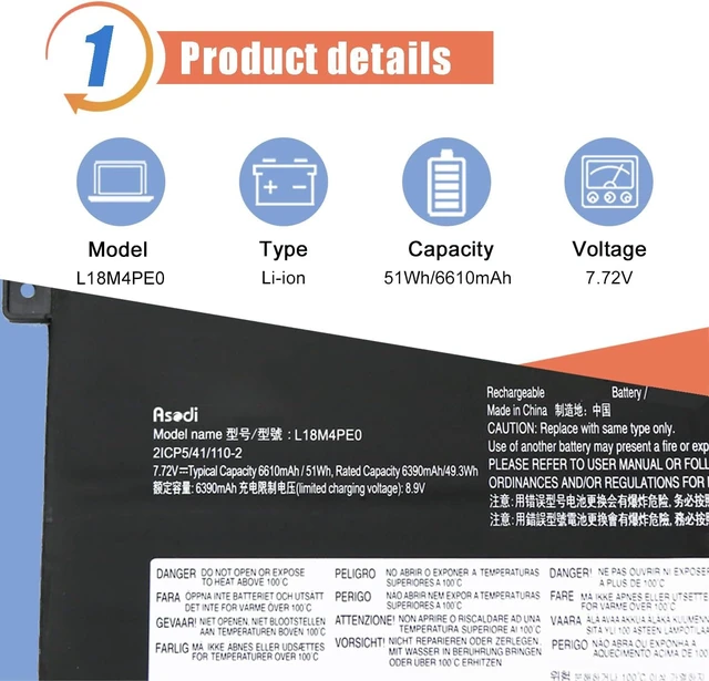 Alt view image 2 of 6 - ASODI L18M4PE0 L18L4PE0 Laptop Battery Compatible with Lenovo Yoga C740-14IML Series 5B10W67296 5B10U40209 5B10U40210 5B10W67185 7.72V 51Wh 6610mAh