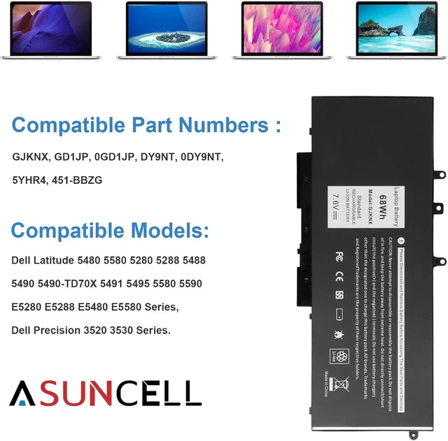Alt view image 3 of 7 - GJKNX 68WH 7.6V Battery Replacement For Dell Latitude 5480 5580 5490 5491 5580 5590 5591 5280 5288 5488 5491 5495 E5480 E5580 E5490 E5590 Precision 3520 3530 Series GD1JP 0GD1JP DY9NT 5YHR4 451-BBZG