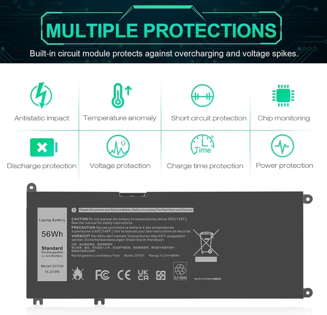 Alt view image 7 of 7 - Futurebatt 33YDH Laptop Battery for Dell Inspiron 17 7000 7778 7779 7786 7773 15 7577 G3 3579 3779 G5 5587 G7 7588 Latitude 13 3380 14 3490 15 3590 3580 PVHT1 P30E 81PF3 081PF3 Vostro 15 7580 7570