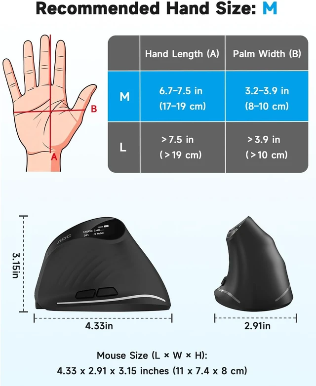 Alt view image 3 of 7 - AOC Ergonomic Mouse, 2.4GHz Wireless Bluetooth Vertical Mouse, Rechargeable