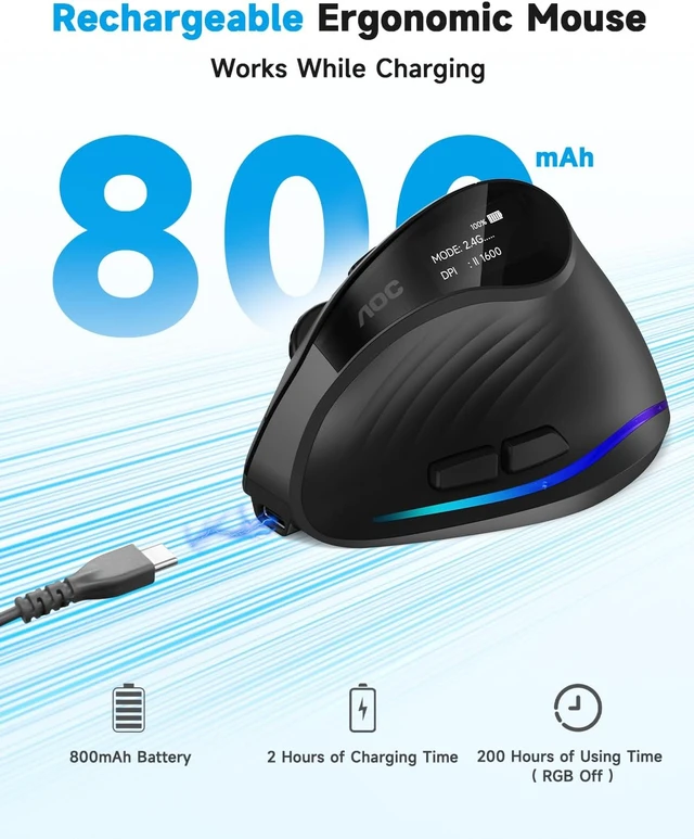 Alt view image 4 of 7 - AOC Ergonomic Mouse, 2.4GHz Wireless Bluetooth Vertical Mouse, Rechargeable