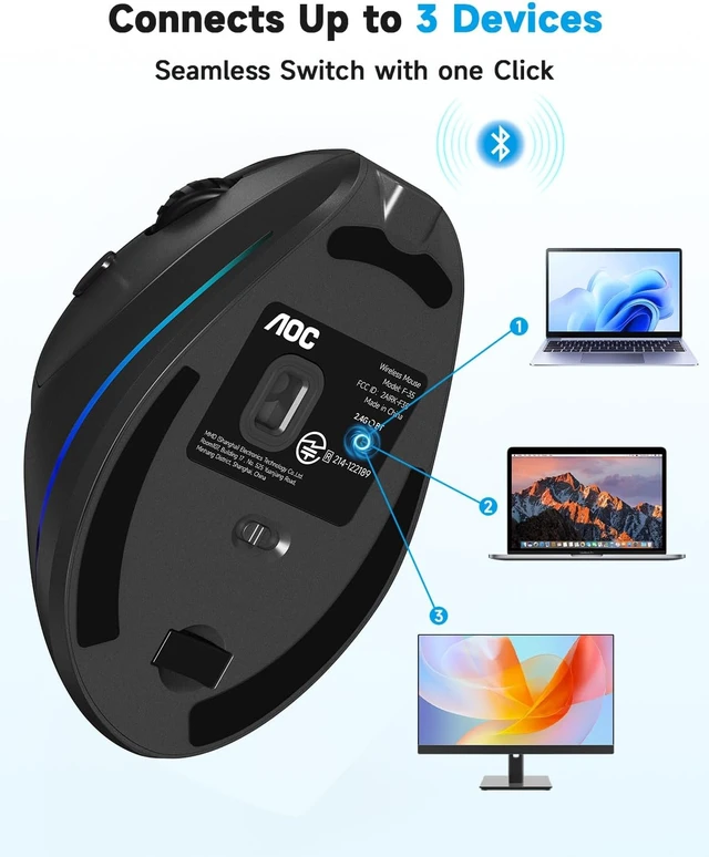 Alt view image 7 of 7 - AOC Ergonomic Mouse, 2.4GHz Wireless Bluetooth Vertical Mouse, Rechargeable