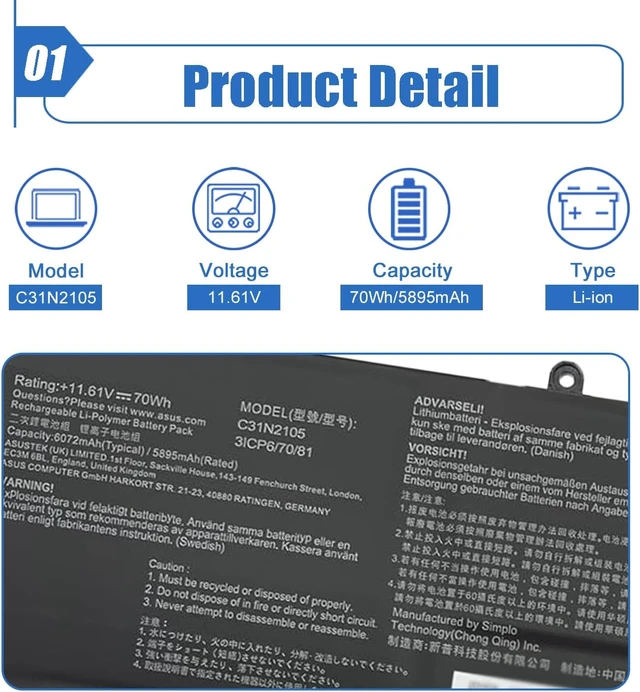 Alt view image 3 of 7 - 70Wh C31N2105 Laptop Battery Replacement for ASUS VivoBook 14X OLED X1403ZA VivoBook S 16X M5602QA S5602ZA S1503QA S3502ZA S5402ZA S5602ZA K6602HE M6500QF F1603ZA Series 0B200-04140000 11.61V 5895mAh