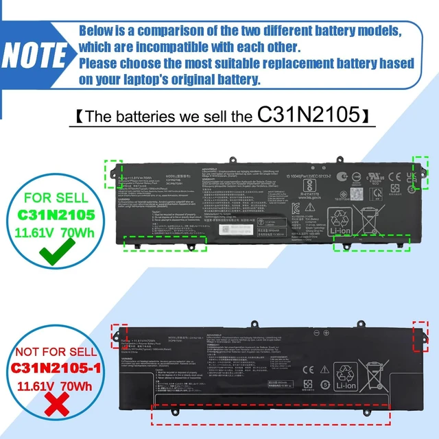 Alt view image 2 of 7 - 70Wh C31N2105 Laptop Battery Replacement for ASUS VivoBook 14X OLED X1403ZA VivoBook S 16X M5602QA S5602ZA S1503QA S3502ZA S5402ZA S5602ZA K6602HE M6500QF F1603ZA Series 0B200-04140000 11.61V 5895mAh