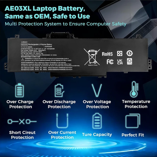 Alt view image 3 of 7 - AE03XL Laptop Battery Replacement for Hp 15.6 inch PC 15-FC0000 Series Notebook N21969-005 TPN-DB1N N20951-2D1 AE03041XL 68Wh