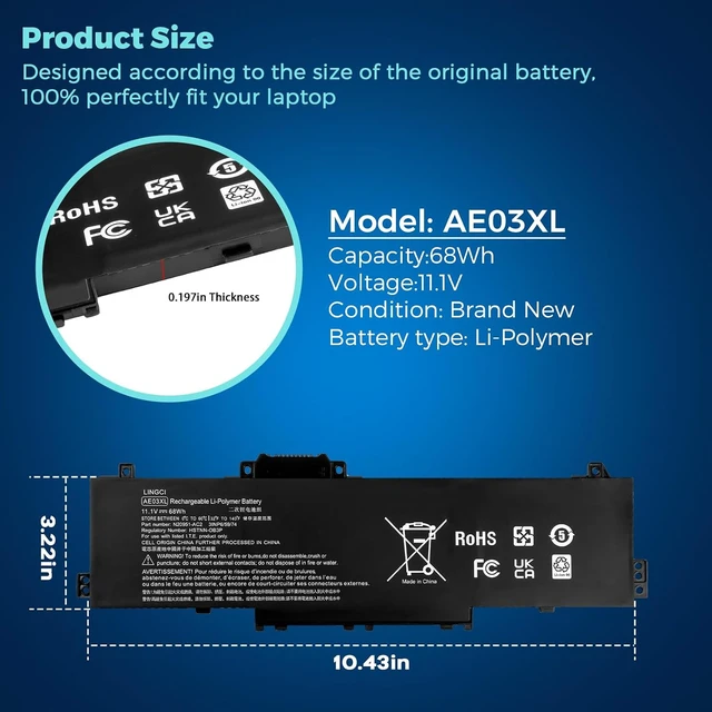 Alt view image 4 of 7 - AE03XL Laptop Battery Replacement for Hp 15.6 inch PC 15-FC0000 Series Notebook N21969-005 TPN-DB1N N20951-2D1 AE03041XL 68Wh