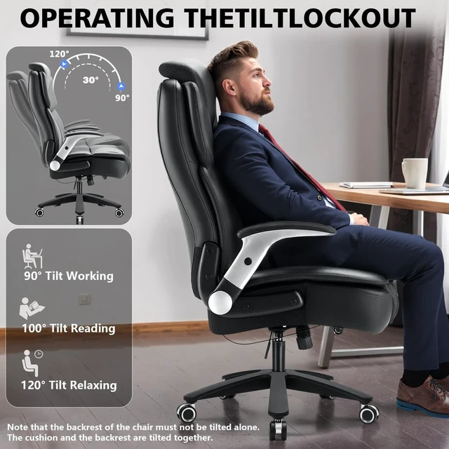 Alt view image 2 of 7 - 600 lbs Big and Tall Office Chair, Ergonomic PU Leather Executive Comfy Desk Chair with Back Support, Heavy Duty Extra Wide Seat Thick Padded Chairs (Black)