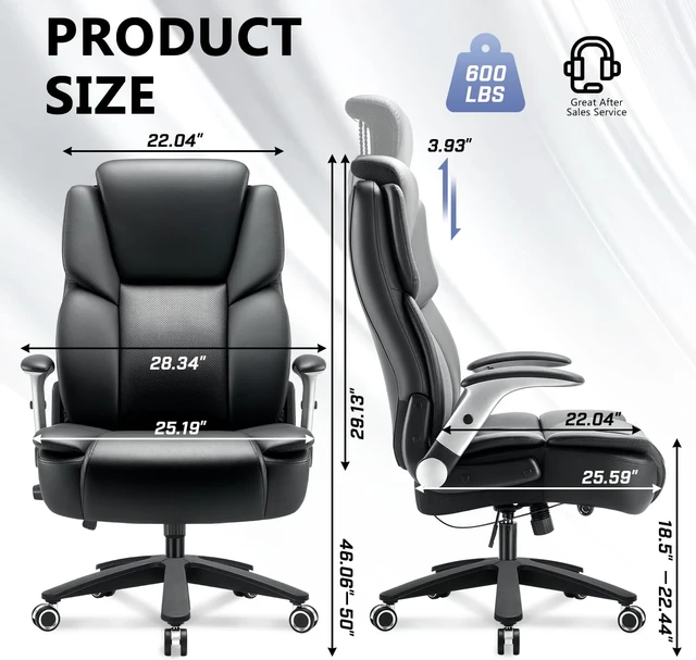 Alt view image 4 of 7 - 600 lbs Big and Tall Office Chair, Ergonomic PU Leather Executive Comfy Desk Chair with Back Support, Heavy Duty Extra Wide Seat Thick Padded Chairs (Black)