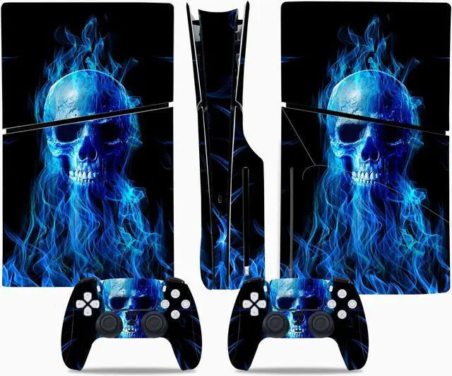 Main image of Full Body Vinyl Skin Stickers Decal Cover for PS5 Slim Disc Edition Console and Controllers - Blue Skull