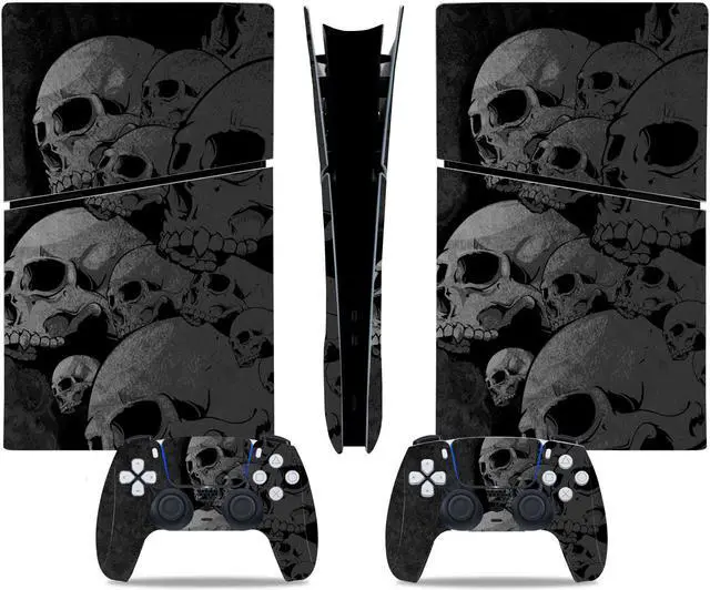 Main image of Full Body Vinyl Skin Stickers Decal Cover for PS5 Slim Digital Edition Console and Controllers - Black Skulls