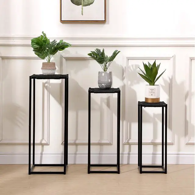 Main image of 3 Sizes Plant Stand Holder Paper Cord Flower Stand Rattan Woven Floor-Standing Flower Pots Corner Handmade Planter Stand Rack for Bedroom Balcony Kitchen Display Show,Grey Black