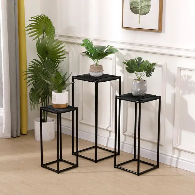 Alt view image 2 of 7 - 3 Sizes Plant Stand Holder Paper Cord Flower Stand Rattan Woven Floor-Standing Flower Pots Corner Handmade Planter Stand Rack for Bedroom Balcony Kitchen Display Show,Grey Black