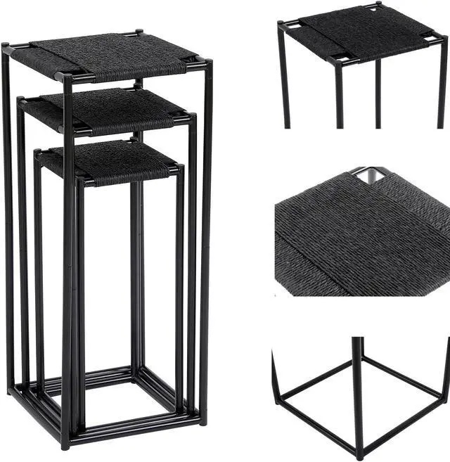 Alt view image 4 of 7 - 3 Sizes Plant Stand Holder Paper Cord Flower Stand Rattan Woven Floor-Standing Flower Pots Corner Handmade Planter Stand Rack for Bedroom Balcony Kitchen Display Show,Grey Black