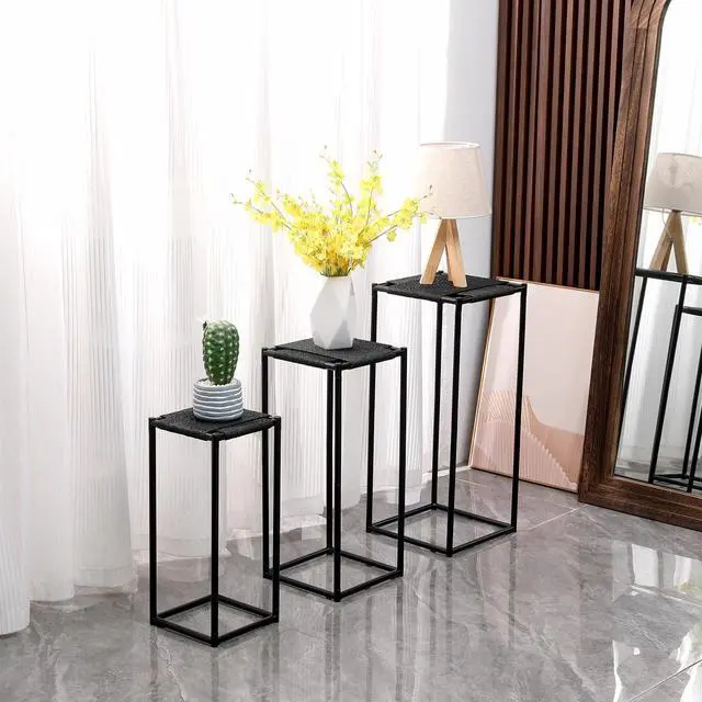 Alt view image 5 of 7 - 3 Sizes Plant Stand Holder Paper Cord Flower Stand Rattan Woven Floor-Standing Flower Pots Corner Handmade Planter Stand Rack for Bedroom Balcony Kitchen Display Show,Grey Black